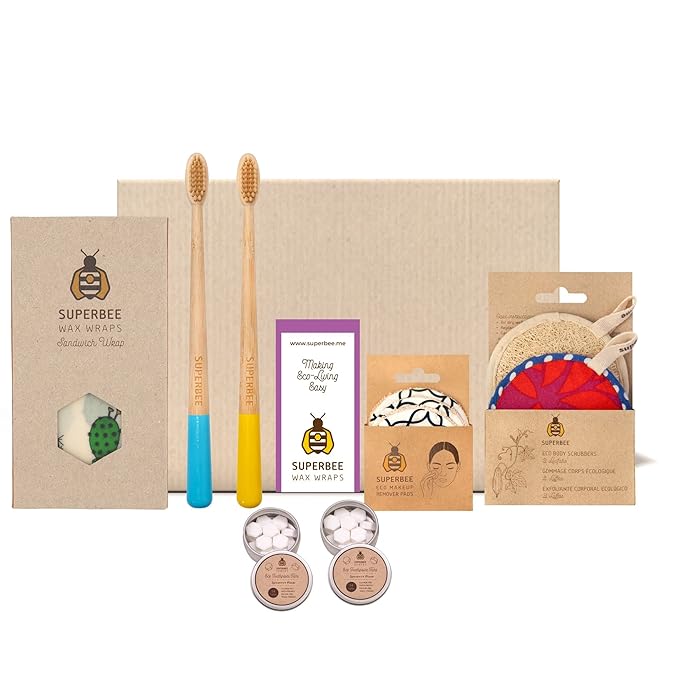 SuperBee Women Gift Box - Toothpaste Tablets, Natural Body scrubbers, Soft Bristles Bamboo toothbrushes, Make up Removal Pads, Beeswax wrap - Eco Friendly Gift, Housewarming Gift Christmas Women Day …