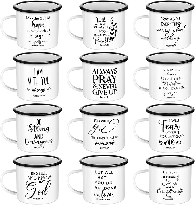 Mifoci Christian Enamel Mugs Gifts Inspirational Coffee Mugs with Handle Bible Verse Religious Camping Cups Church Party Favors for Church Clergy Pastor Men(White,12 Pcs)