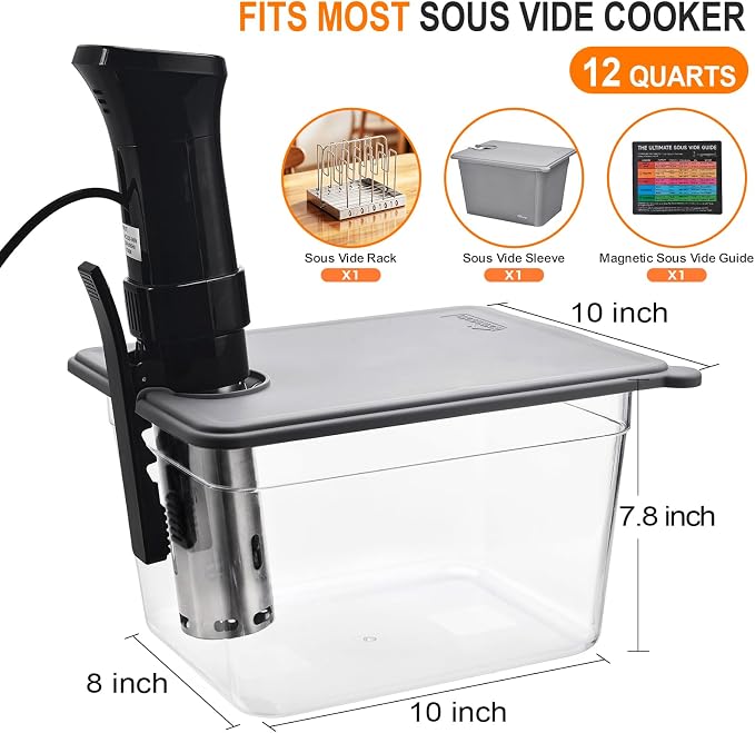 HOMENOTE Sous Vide Container 12 Quart with Collapsible Silicone Lid,Complete Sous Vide Accessories Kit BPA Free,Compatible with Anova and Most Sous Vide Cookers（Comes with Rack and Sleeve）