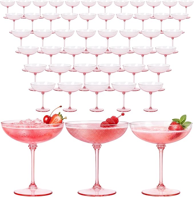 LemonRoad 48 Pcs Plastic Coupe Glasses 9 oz Disposable Martini Glasses for Cocktails, Champagne, Desserts and Espresso, Drinkware Set for Weddings, Birthday Parties, Home Bars (Pink)