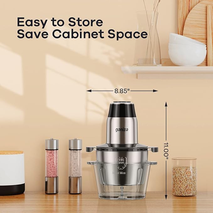 GANIZA Food Processors, Electric Chopper with Meat Grinder & Veggie Chopper - 2 Bowls (8 Cup+8 Cup) with Powerful 450W Copper Motor - Includes 2 Sets of Bi-Level Blades, 1 Small Clean Brush