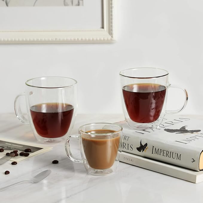 CNGLASS Glass Coffee Mugs 12oz,Double Walled Insulated Cappuccino Mug with Handle,Clear Espresso Cups for Cappuccino,Latte,Tea Bags,Hot and Cold Beverages,Set of 4