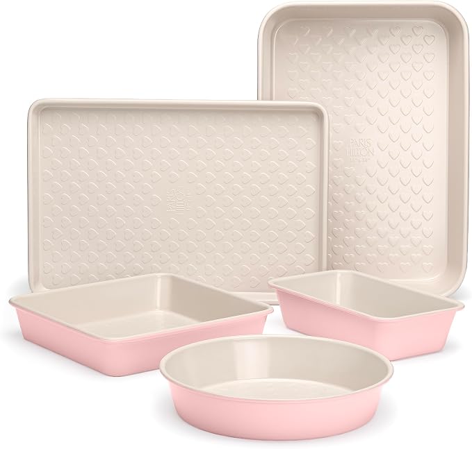 Paris Hilton 5-Piece Baking Pans Set, Nonstick Heart Pattern Bakeware Set with Heavy Duty Carbon Steel, Includes Square Pan, Round Pan, Loaf Pan, Roasting Pan & Cookie Sheet, 5-Piece, Pink