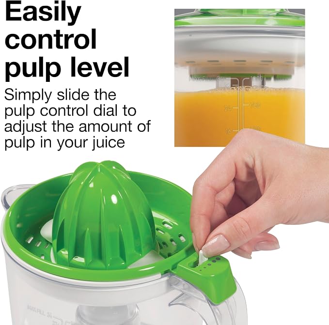 Proctor Silex 34 oz. Electric Citrus Juicer, Orange Juicer | Pressure Activated | 2 Reamers For Big and Small Fruit | Pulp Control | For Orange, Lemon, Grapefruit Juice | White & Green