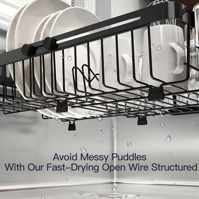 MAJALiS Dish Drying Rack Over The Sink with Utensil Holder, Mat | Expandable Stainless Steel Dish Drainer for Small Kitchen, Apartment, RV, Counter Space Saving, Perfect Fit, Rustproof