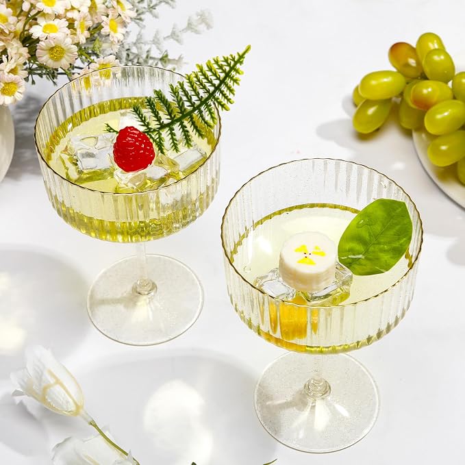 Jingmore 48 Pcs Ribbed Martini Glasses 10 oz Disposable Plastic Vintage Ribbed Coupe Glasses with Gold Rim Cocktail Unbreakable Dessert Parfait Glassware for Wedding Party Supplies (Clear)