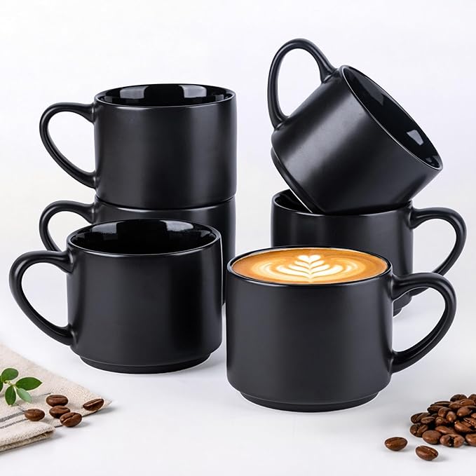 GBhome 14 OZ Coffee Mugs Set of 6, Stackable Ceramic Mugs for Men, Women, Modern Coffee Cups With Stable Base for Latte, Tea, Cappuccino. Dishwasher & Microwave Safe, Matte Black