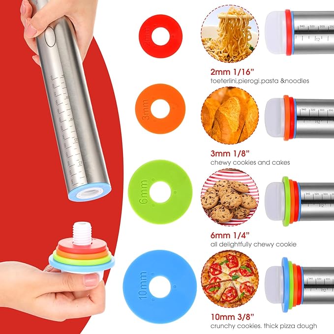 Dandat Rolling Pin with Adjustable Thickness Rings and Silicone Baking Pastry Mat Biscuit Cutter Bench Scraper Stainless Steel Dough Roller Rolling Pins for Baking Cookies Pie Pasta Pastries(Red)