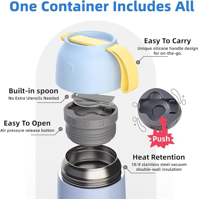 2 Pack Insulated Food Jar Set, 26oz & 18oz Stainless Steel Vacuum Insulated Soup Containers for Hot Food, Leak-Proof Thermal Food Jars with Spoons, Cute Stylish Design for School, Work & Travel(Blue)
