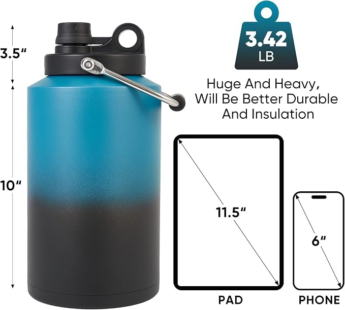 Insulated Gallon Jug with Handle, One Gallon, 128oz Stainless Steel, Large Double Vacuum Water Bottle for Cold Drinks, Wide Mouth, Sweat Proof, Carrier bag, Great for Travel, Camping, Blue Gradient