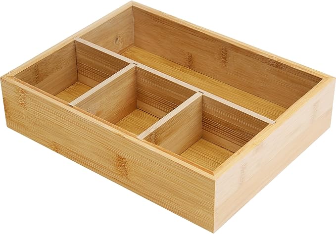 Tea Bag/Sugar Packet Holder,Coffee Station Condiment Organizer,Bamboo Tea Organizer,Large 4-Compartment Organizer Tray for Drawer/Shelf/Countertop,10.2 x 7.9 x 2.4 inch