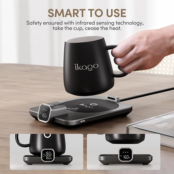 2Pcs Heated Coffee Mug Warmer & IKAGO Mug Set - Heated Mug Warmer Plates with Auto Shut Off, 1°F Precise Electric Coffee Warmer Plates for Desk, Valentine's Day Gift for Couple, Black and Pink