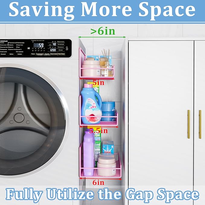 DTUQYX Magnetic Shelf for Washing Machine 4-Pack: Widen Magnetic Laundry Organizer (5"-6") with Hanger Organizer, Strong Magnet, Rust Proof, Heavy Duty Magnetic Spice Rack for Refrigerator (Pink)