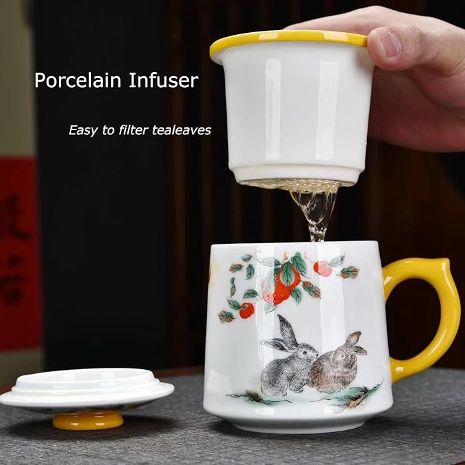 1set Ceramic Tea Cup 3 in 1 Porcelain Tea Mug with Infuser/Lid/Handle Large Bone Mug 0.11gal/415ml Rabbit Pattern Tea Cup Gift Sets for Women Personal Coffee Mugs Office/Home-TC350