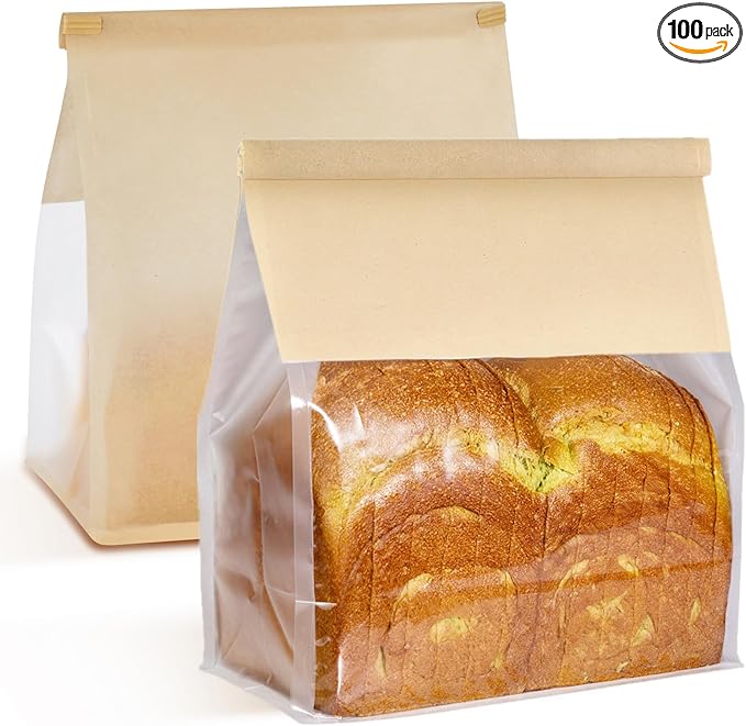 Ocmoiy 100Pcs Large Paper Bread Bags, Resealable Sourdough Bread Bags, Clear Front Tin Tie Tab Lock Bakery Storage Bag with Window Paper Treat Bag (8.7x4.3x11 Inch)