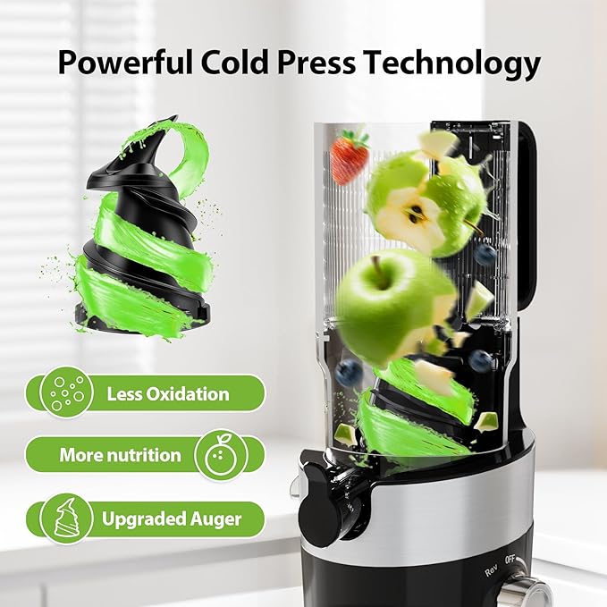 Cold Press Juicer For Whole Fruits, Aeitto Juicer Machines with Large Feed Chute, Self Feeding Juice Extractor Machine, Easy to Assemble, Easy to Clean & Use, High Juice Yield
