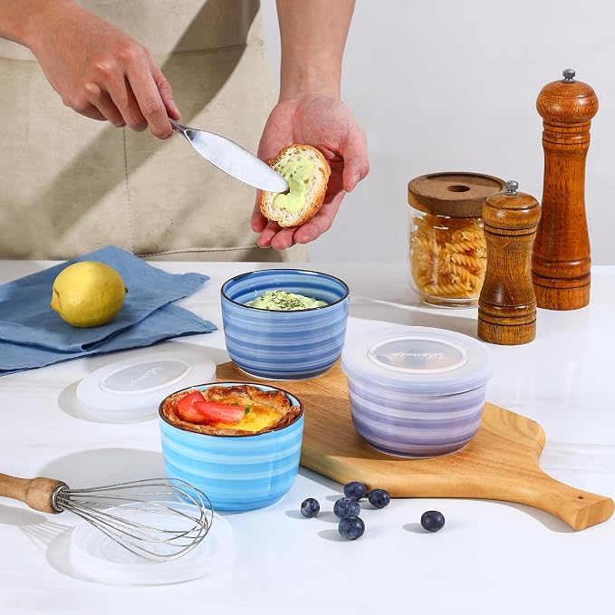 Selamica Ceramic Ramekins with Lids, 10 OZ Creme Brulee Ramekins with Covers Oven Safe, Custard Cups Small Baking Bowls for Souffle, Pudding, Onion Soup, Dips, Set of 6, Gradient Blue