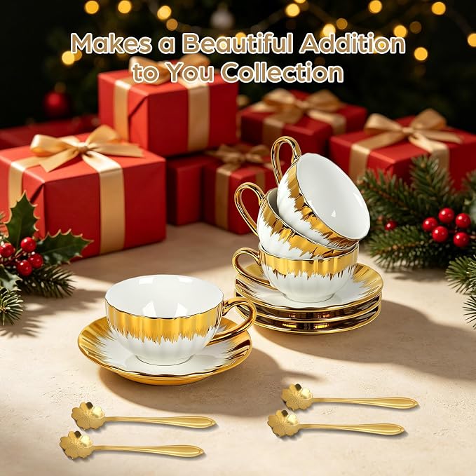 Cappuccino Cups with Saucers and Sakura Spoons, 8 oz Ceramic Espresso Cup Set of 4, Gold-Trim Coffee Cup Mugs for Latte, Tea, Kitchen or Café, Microwave and Dishwasher Safe