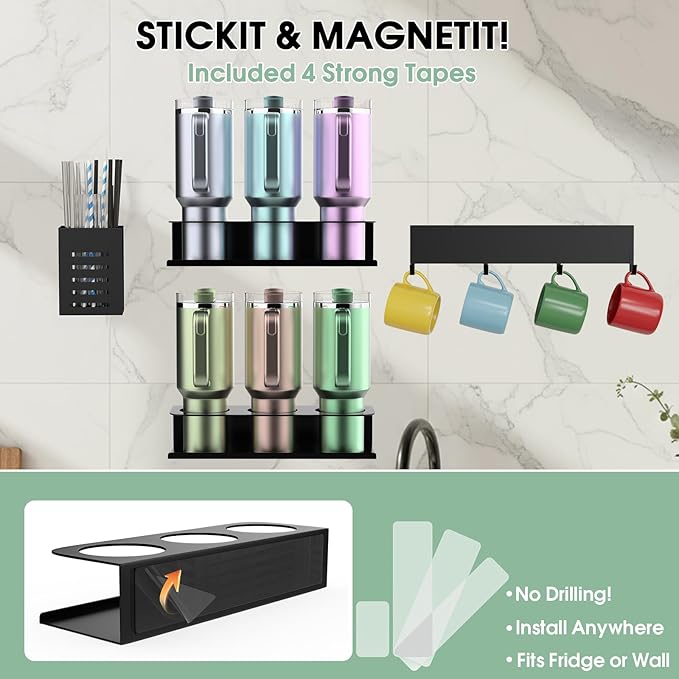 POLRAI 4 Pack Magnetic Cup Holder for Refrigerator, Water Bottle Organizer for Stanley and Tumbler, Accessory with Lid Hook Straw Holder and Double Sided Tape for Kitchen Fridge Cabinet