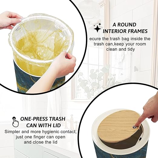 Trash Can with Lid Luxurious Dark green Marble texture Golden veins Natural Luxury Style Press Top Round Small Garbage Bin with Wooden Legs Waste Basket for Kitchen Bedroom Nursery 7L/1.8 Gallon