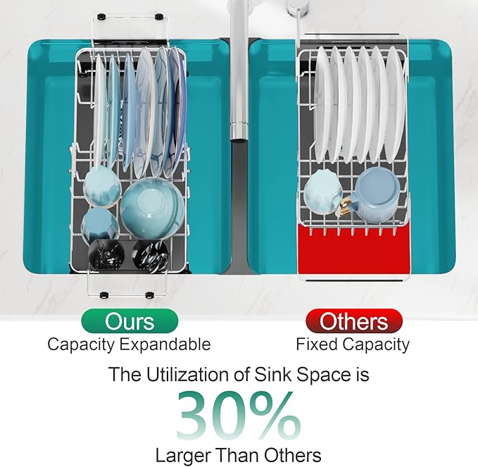 GSlife Small Sink Dish Drying Rack with Silicone Drying Mat - 9" W Expandable Stainless Steel Compact Dish Drainer with Lock Knob for RV, Apartment, Camper, Kitchen, 11.9"-16.7" L, Silver