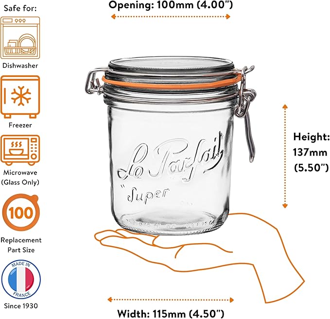Le Parfait Super Terrine 750mL (24oz) Zero Waste Eco-Friendly Glass Canning Jars, Airtight Rubber Seal & Wire Bail Lid, BPA-Free, Water Bath Safe for Food Storage & Preserving, Made in France, 4PK