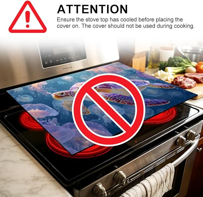 Stove Top Cover for Electric Stove 28.4 x 20.5 Inch Non Slip Stove Mat Sea Turtle Jellyfish Glass Cooktop Protector Kitchen Counter Mat
