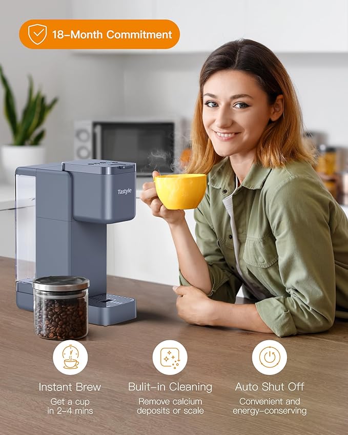 Tastyle Single Serve Hot & Iced Coffee Maker with Strong Brew, 40oz Removable Reservoir, 6 Brew Sizes, Compatible with K Cup and Grounds, Compact for Home, Office, RV and Dorm, Gray (2.0 Version)