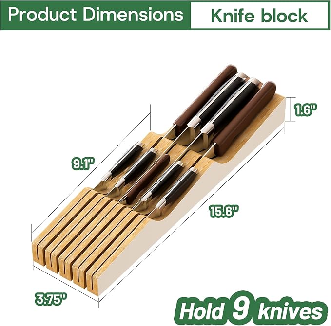 Knife Drawer Organizer, Bamboo Wood Knife Holder, Brown Knife Block Fit for 7 Knives