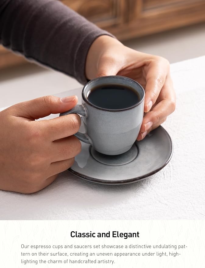 famiware Ocean Espresso Cups with Saucers Set of 4, 3.34oz Espresso Cup Set, Coffee Mug Set for Latte, Macchiato, Stoneware Demitasse Cups Set for Cafe, Microwave&Dishwasher Safe, Gray