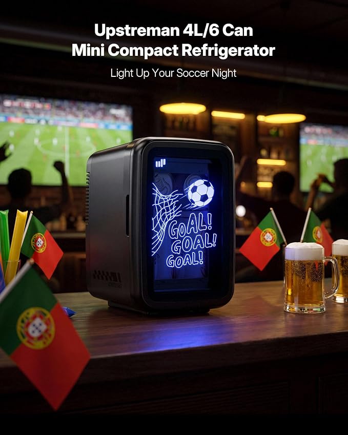 Upstreman 4L Compact Mini Fridge, Football Print Portable Refrigerator with 7 Color Gaming Light, AC/DC Cooler & Warmer for Bedroom, Gaming Room, Car, Small Skincare Fridge for Beverage & Food