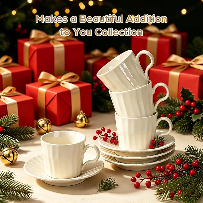 Ceramic Coffee Cup, 8 oz Cappuccino Cups with Saucers, Coffee Cup Set for 4, Pearl Glaze Coffee Cup and Saucer Set for Latte, Mocha, Tea, Café, Dishwasher and Microwave Safe (Pearl White / 200 ml)