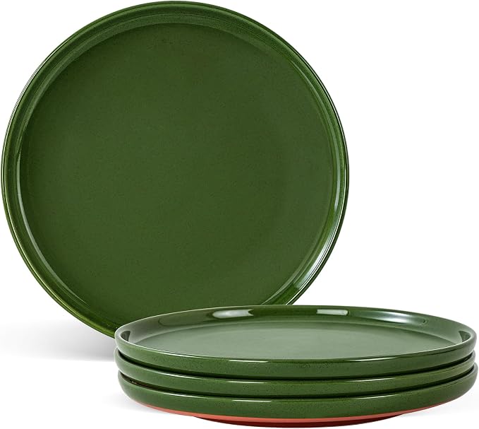 Ceramic Dinner Plates, 10.25 Inch, Set for 4, Elegant Green | Flat Dish Design, Microwave & Dishwasher Safe, Perfect for Family and Entertaining, For Steak, Sandwiches, Pizza, Pasta