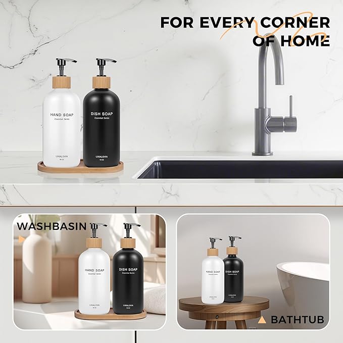 Dish and Hand Soap Dispenser Set with Tray, 16OZ Refillable Glass Bottles and Wood Pump, Double Bottle Countertop Organizer for Kitchen and Bathroom (White/Black)