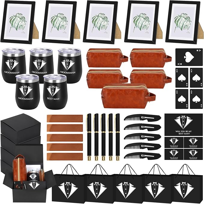 50PcsGroomsmen Proposal Gift of 5 Sets with 12OZ Wine Tumbler PU Leather Toiletry Bag Photo Frame Bottle Opener Pens with Exquisite Package for Wedding Groomsman Best Man Gift (5 set)
