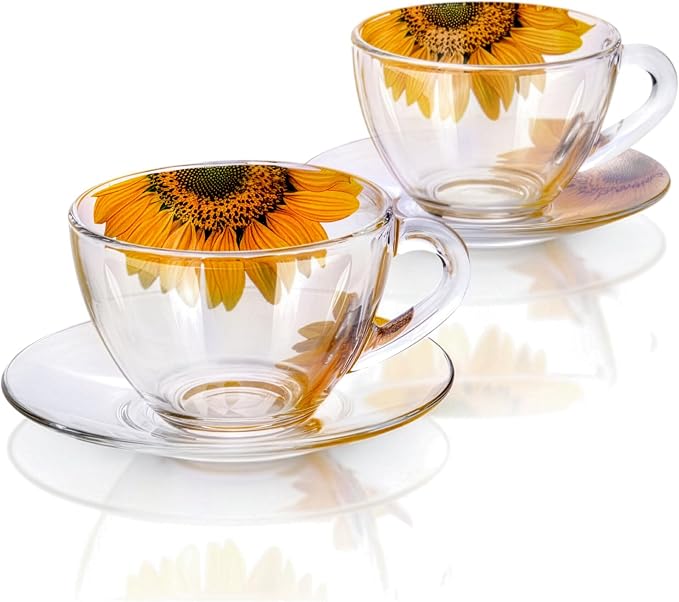 STP GOODS Sunflowers Glass Tea Cup and Saucer Set of 2 Glass Teacups 6.8 fl oz (200 ml) Cups with Matching Saucers for Two, Tea Coffee Set for 2, Coffee Cups, Dishwasher and Microwave safe