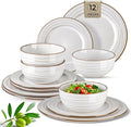 GBHOME Ceramic Dinnerware Sets,12 pcs Embossed Elegant Stoneware Plates and Bowls Sets, Housewarming Wedding Gift | Dishwasher & Microwave Safe | Dishes Set Service for 4