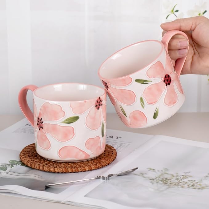KAMMAK Pink Ceramic Coffee Mug, 13.5oz Mugs Set of 2, Novelty Cup for Tea, Juice, Milk, Cute Porcelain Water Cups with Handle for Women, Dishwasher and Microwave Safe