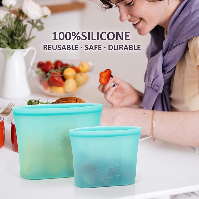 8-Pack Reusable Silicone Food Storage Bags, 100% Silicone Stand-Up Wide-Open Zip-Lock Reusable Storage Bags for Food, Freezer Microwave Oven Dishwasher Safe, Aqua, 4M 2S 2XS