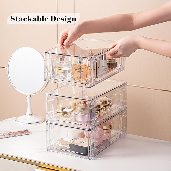Clear Acrylic Stackable Storage Drawers, Plastic Organizer Bins with Handles for Undersink, Cabinet, Fridge, Closet, Pantry, Office, Bathroom, Kitchen(4 Pack)