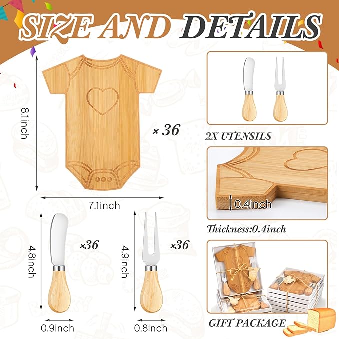 Ziliny 36 Set Baby Shower Gifts for Guest Prizes Clothing Shaped Mini Charcuterie Board Small Cheese Cutting Board Set with Knives Forks Baby Shower Party Favor Thank You Return Gifts (Bamboo Color)