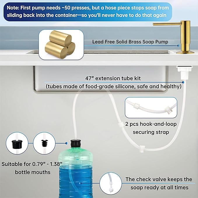 Avola Brushed Gold Deck Mounted Lotion or Soap Dispenser for Kitchen Sink, Spot-Free Brass Pump Liquid Lotion Kitchen Sink Soap Dispenser with 47" Extension Tube Kit&17 OZ PET Bottle