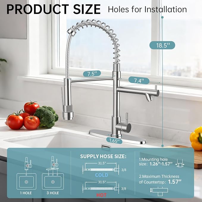 FEELSO Kitchen Faucet with Pull Down Sprayer, Single Handle Stainless Steel Pull Out Spring Kitchen Sink Faucets 1 Or 3 Hole Dual Function for Farmhouse Camper Laundry Utility Rv Wet Bar