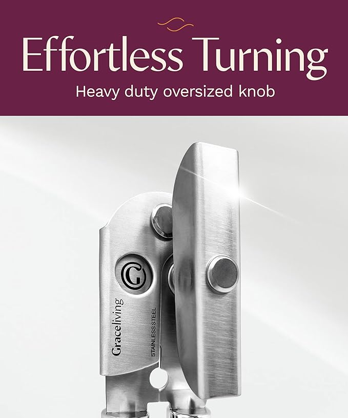 Premium Multifunctional Magnetic Manual Can Opener and Bottle Opener, Heavy Duty Stainless Steel Sharp Cutting Blade and Oversized Easy Turn Knob, Soft-Touch Handle, Kitchen Use, Blue
