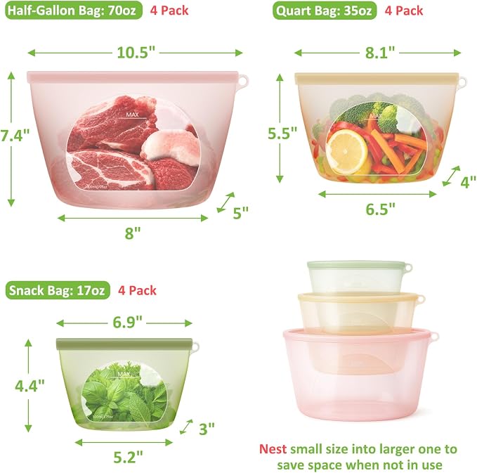 100% Reusable Silicone Bags for Food Storage, 12 Pack Double-Lock Reusable Bags Stand-Up Wide-Mouth Leakproof for Soup, Sous Vide, Freezer Microwave Dishwasher Safe, 4 Half Gallon 4 Sandwich 4 Snack