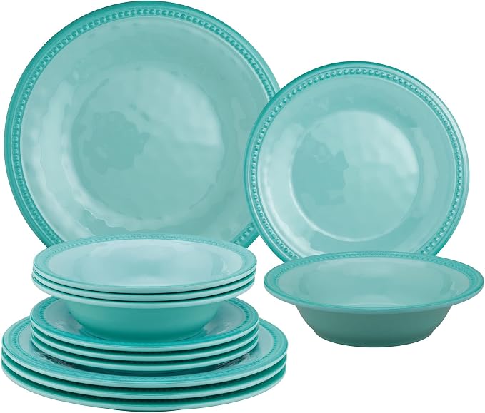 UPware 12 Piece Beaded Melamine Dinnerware Sets, Outdoor Dishes Set, Plates and Bowls Sets, Service for 4, Aqua Blue
