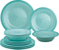 UPware 12 Piece Beaded Melamine Dinnerware Sets, Outdoor Dishes Set, Plates and Bowls Sets, Service for 4, Aqua Blue