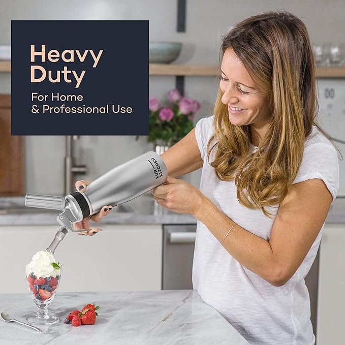 EurKitchen Professional Aluminum Whipped Cream Dispenser - Leak-Free Whip Cream Maker Canister with 3 Decorating Nozzles & Cleaning Brush - 1-Pint / 500 mL Cream Whipper - N2O Chargers (Not Included)