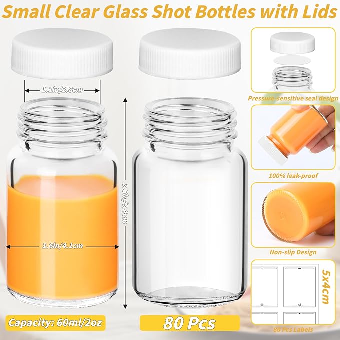 80 Pack 2 oz Glass Shot Bottles with White Lids Small Clear Glass Jar for Ginger Shot Mini Juice Bottle Reusable Wide Mouth Travel Cup Leakage-Proof with Labels for Wellness Juice Milk Potion Liquids