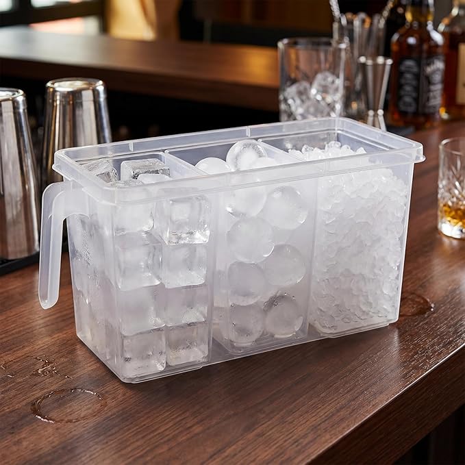 Havawish 3 Divided Ice Bin for Freezer Bucket Ice Container for Freezer with Lid and Scoop Set Ices Storage Container Plastic Clear Pull out Handle Organizer Cubes Cabinet, 10.83 x 5.91 x 6.1 Inches
